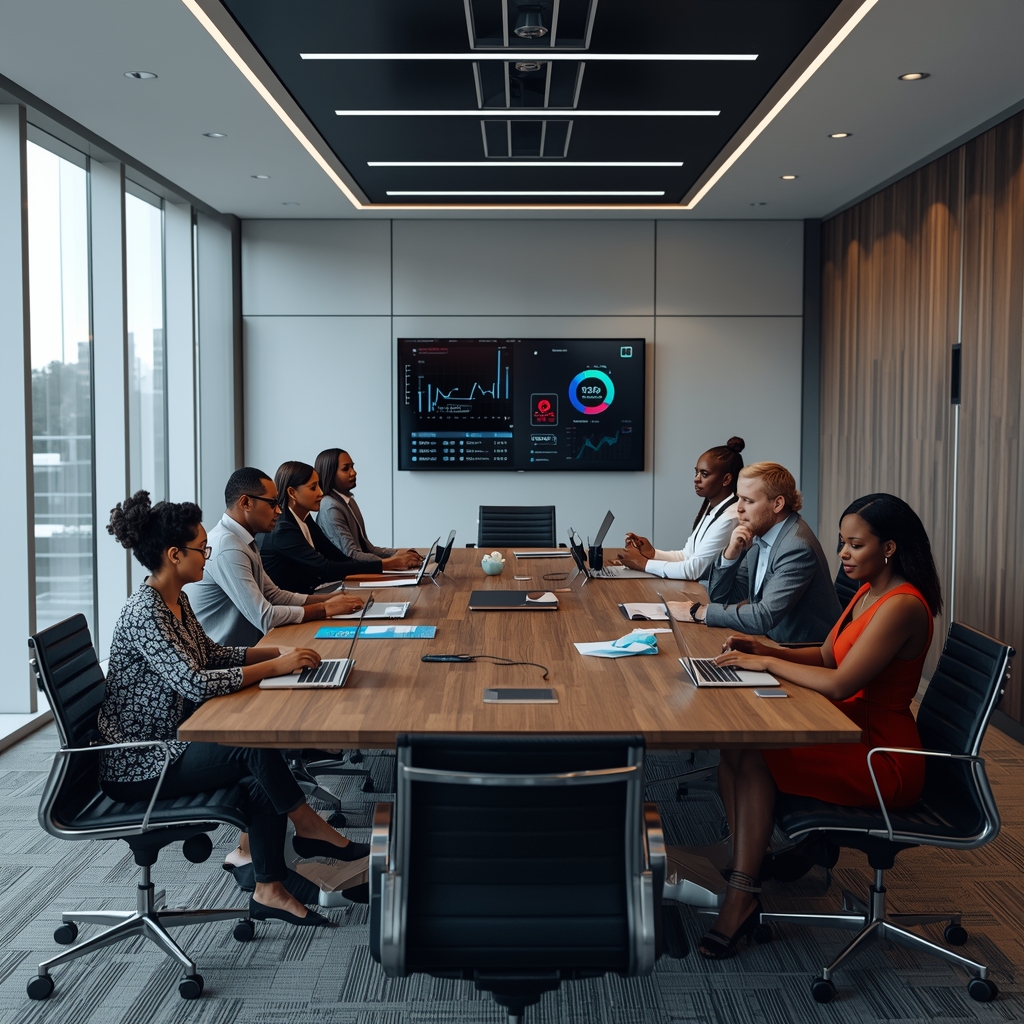 Strategy meeting in a high-tech boardroom with digital displays